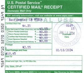 CoolingLogic™ USPS Certified First Class mail sent to The California Energy Commision
