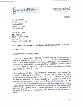 CoolingLogic™ USPS Certified First Class mail sent to attorneys- Johnson Controls